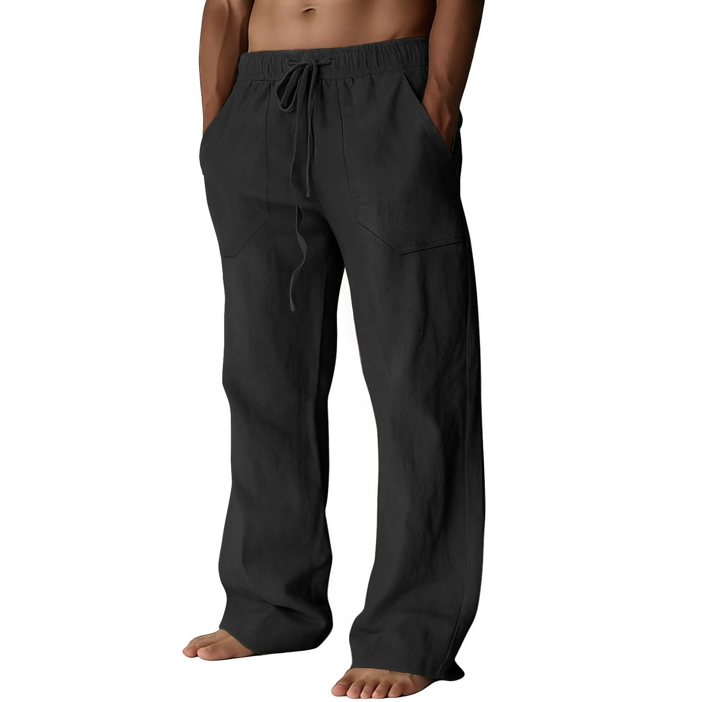 Puimentiua Cotton Linen Pants Men Casual Loose Fit Elastic Drawstring Waist Summer Beach Pants