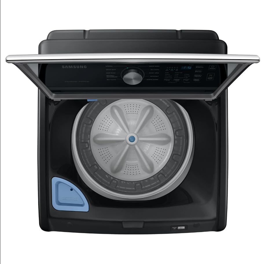 Samsung Smart 4.7 Cu Ft Top Load Washer & 7.4 Cu Ft Electric Dryer, Sensor Stops Overdrying, Low Vibration Quiet Wash, WaterJet w/Power Cords, Hoses, Vent Duct, 1 Year CPS Protection Bundle