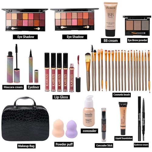 All in One Makeup Kit Full Kit Multipurpose Essential with Eyeshadow Palette,Lip Gloss,Foundation,Mascara,Eyebrow Pencil,Eyeliner,Contour Stick,Powder Puff,Makeup Brushes,Cosmetic Bag,Makeup Set for Women