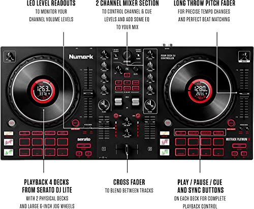 Numark Mixtrack Platinum FX Serato DJ Controller with Jog Wheel Displays, 4 Decks, Mixer, Effects Paddles and Audio Interface