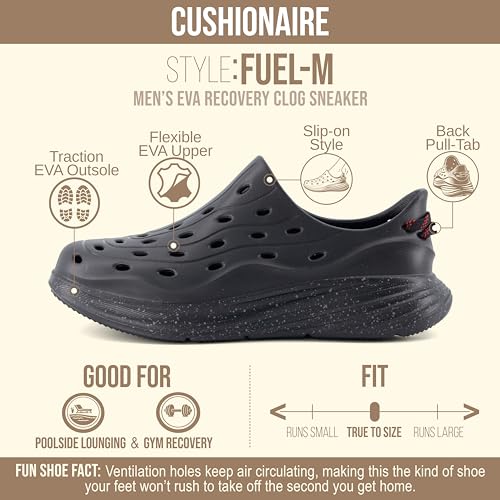 CUSHIONAIRE Fuel EVA Recovery Shoes for Men, Lightweight Slip On Waterproof Sneaker Clogs with Cushioned Footbed and Ventilated Design