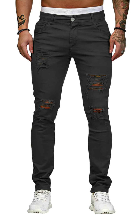HUNGSON Men's Blue Slim Fit Jeans Stretch Destroyed Ripped Skinny Jeans Side Striped Denim Pants