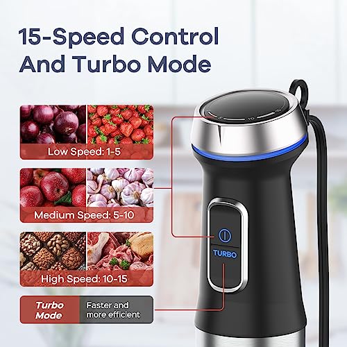 Ganiza Immersion Blender 5 in 1 Hand Blender Max 1000W Heavy Duty Motor, 16 Speed Mode Handheld Blender Stainless Steel Blade With 800ml Mixing Beaker, 600ml Chopper, Whisk and Milk Frother