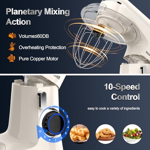 Honinst Stand Mixer, 6.5QT 10-Speed Tilt-Head Electric Stand Mixer, 3-In-1 Kitchen Mixer with Bowl, Dough Hook, Whisk and Beater, Food Mixer for Baking, Cake and Most Home Cooks,