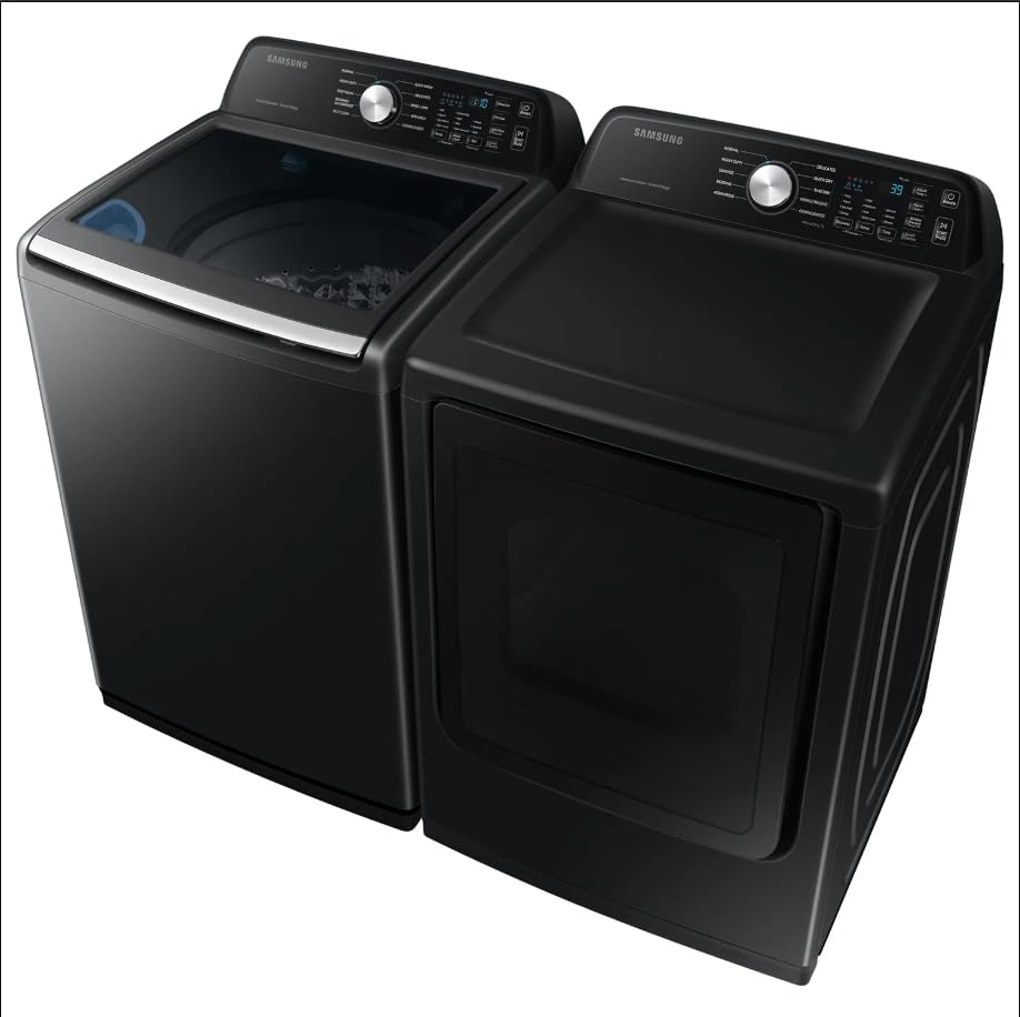Samsung Smart 4.7 Cu Ft Top Load Washer & 7.4 Cu Ft Electric Dryer, Sensor Stops Overdrying, Low Vibration Quiet Wash, WaterJet w/Power Cords, Hoses, Vent Duct, 1 Year CPS Protection Bundle