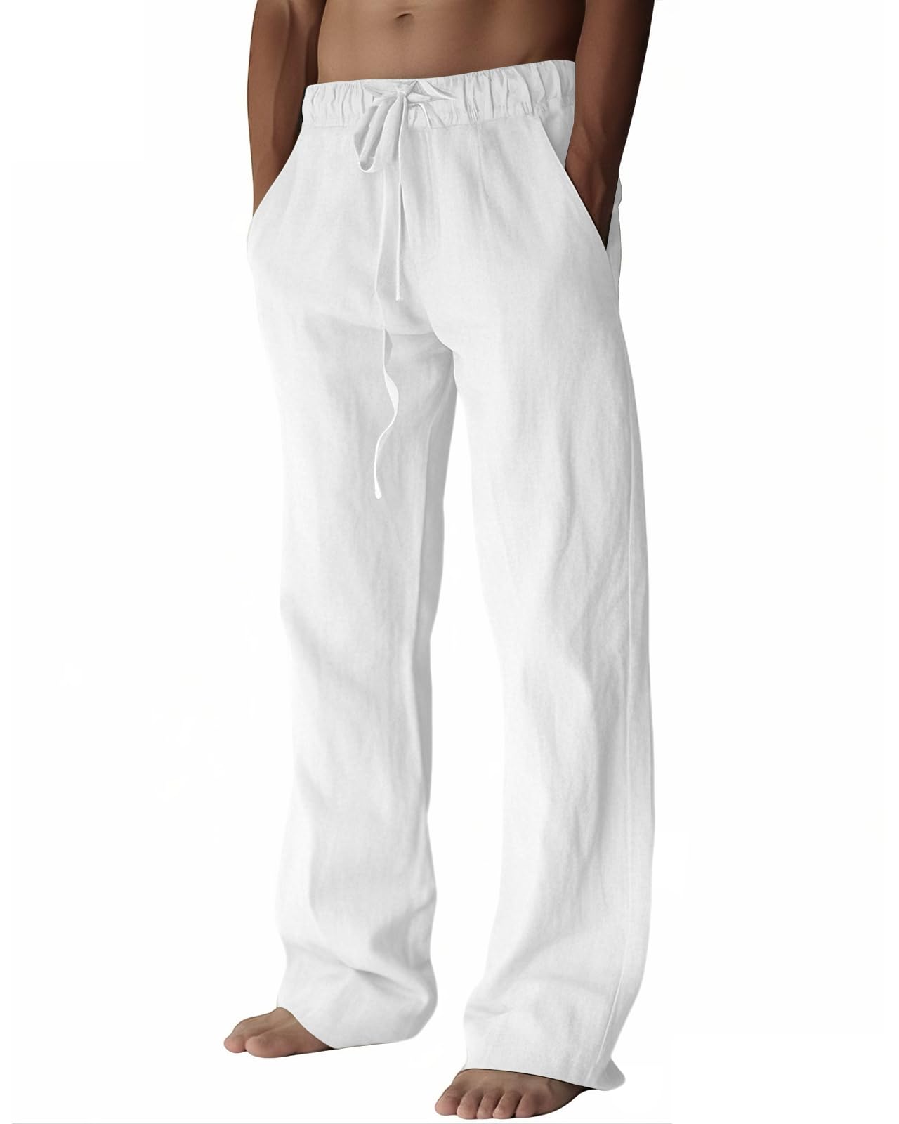 PIDOGYM Mens Cotton Linen Pants, Summer Beach Pants Casual Loose Fit with Elastic Waist Drawstring