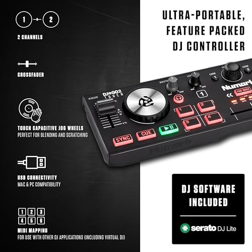 Numark DJ2GO2 Touch Compact DJ Controller with 2 Decks, Mixer,