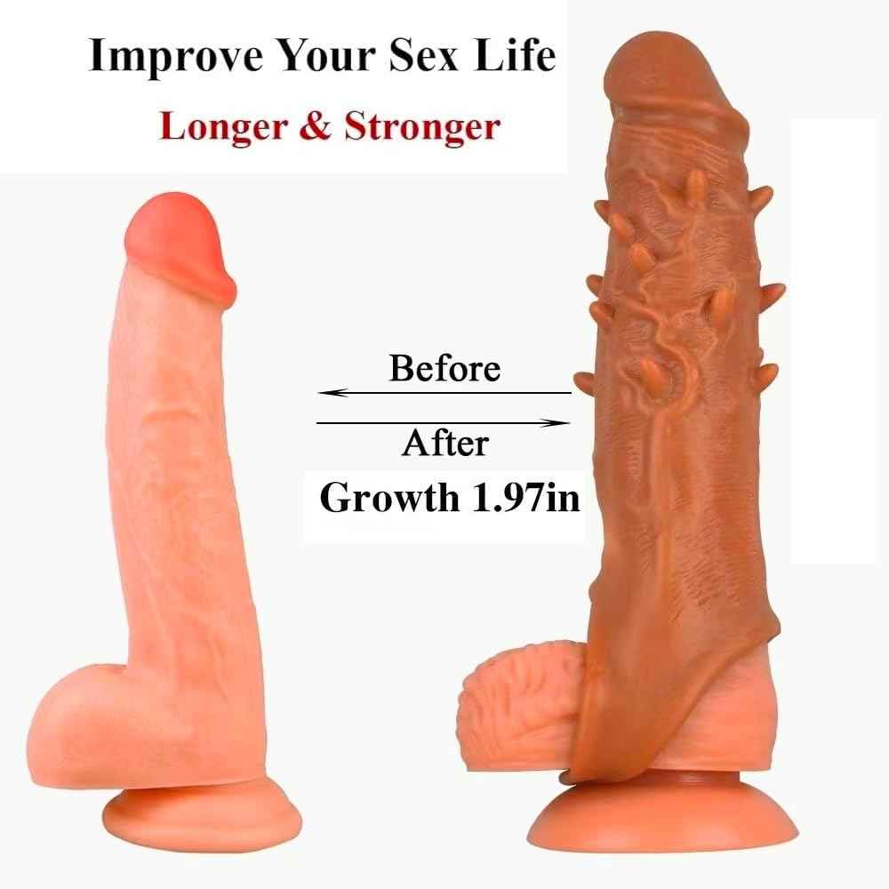 Reusable Penis Enlargement Sleeve Realistic Silicone Cock Sleeve Penis Enlarger with Testicle Penis Ring Sex Toys Delay Ejaculation Enhance Erection Prolong Cock Extender for Adults Men Male Couples