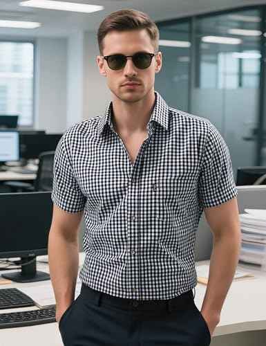LucMatton Men's Gingham Short Sleeve Button Down Shirt Cotton Regular Fit Plaid Dress Shirts with Pocket