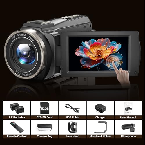 8K Video Camera 88MP UHD WiFi Vlogging Cameras for YouTube 18X Digital Zoom IR Night Vision 3.0'' Touch Screen Camcorder with 32GB Card, Microphone, Lens Hood, Stabilizer, Remote, Two Batteries