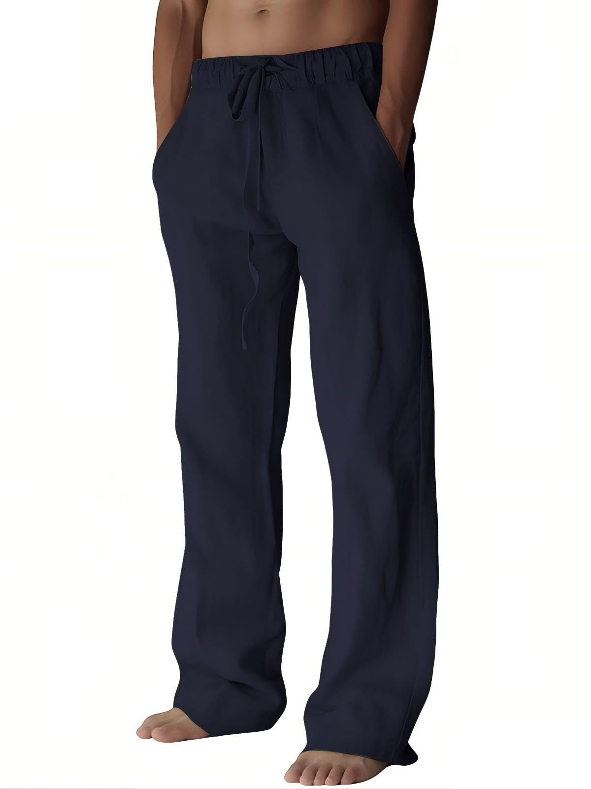 PIDOGYM Mens Cotton Linen Pants, Summer Beach Pants Casual Loose Fit with Elastic Waist Drawstring