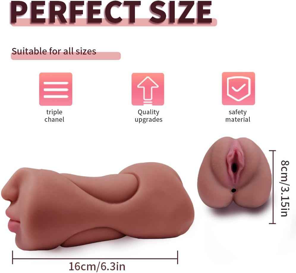 Male Oral Sex masturbator, 3 in 1 Mouth Realistic Texture Mouth and Tight Anus, Vagina and Anus Male Touch irritating Adult Sex Toy-Brown
