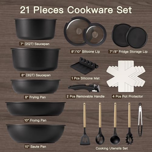 Astercook 21 Pcs Pots and Pans Set Non Stick, Ceramic Cookware Set Detachable Handle, RV Kitchen Cooking Set Removable Handles, Oven Safe, Induction Ready, Stackable, Black, Mothers Day Gifts