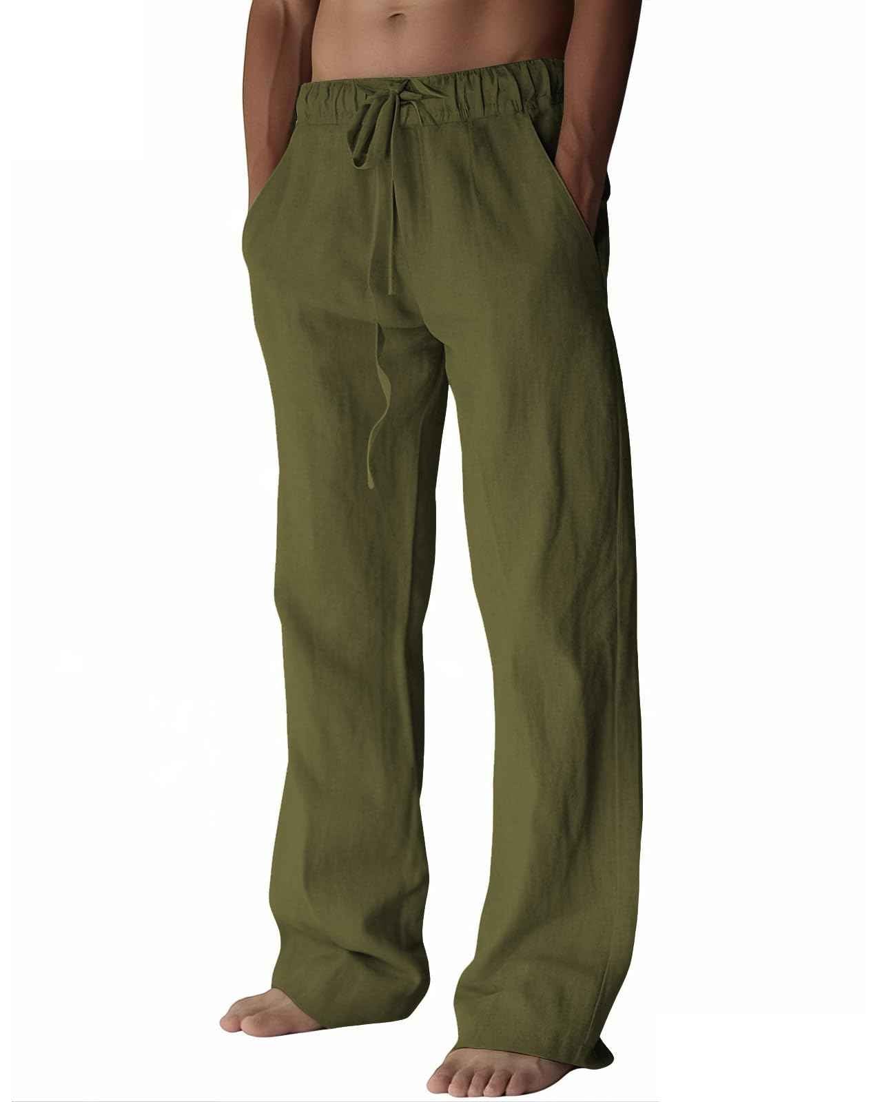 PIDOGYM Mens Cotton Linen Pants, Summer Beach Pants Casual Loose Fit with Elastic Waist Drawstring