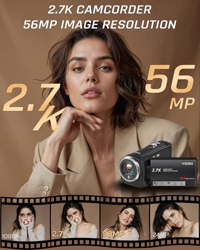 Fxmug Video Camera Camcorder, QHD 2.7K 56MP 16X Digital Vlogging Camera with LED Fill Light for YouTube, 2.8'' 270° Rotation Screen Camcorder Camera with 32GB Card and Two Batteries