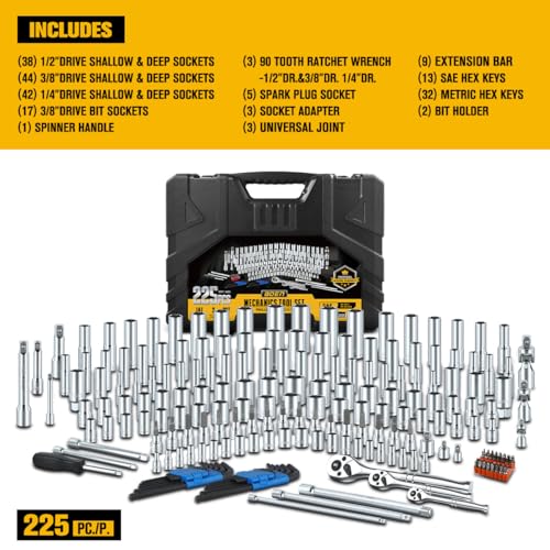 BOEN 225PCS Mechanic Tool Set, 1/4" & 3/8" & 1/2" Drive Socket Wrench Set, Metric and Standard Full Socket Set, with 90-Tooth Ratchet, Auto and Bike Repair with Heavy Duty Case