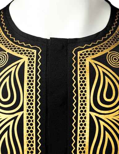 LucMatton Men's African Short Sleeve Hidden Button Shirt Metallic Foil Stamping Dashiki T Shirt