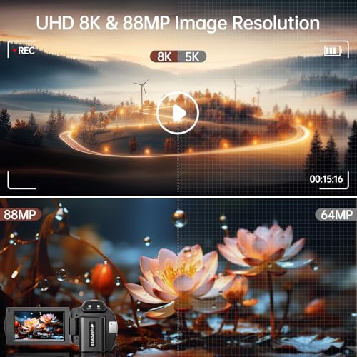 8K Video Camera 88MP UHD WiFi Vlogging Cameras for YouTube 18X Digital Zoom IR Night Vision 3.0'' Touch Screen Camcorder with 32GB Card, Microphone, Lens Hood, Stabilizer, Remote, Two Batteries