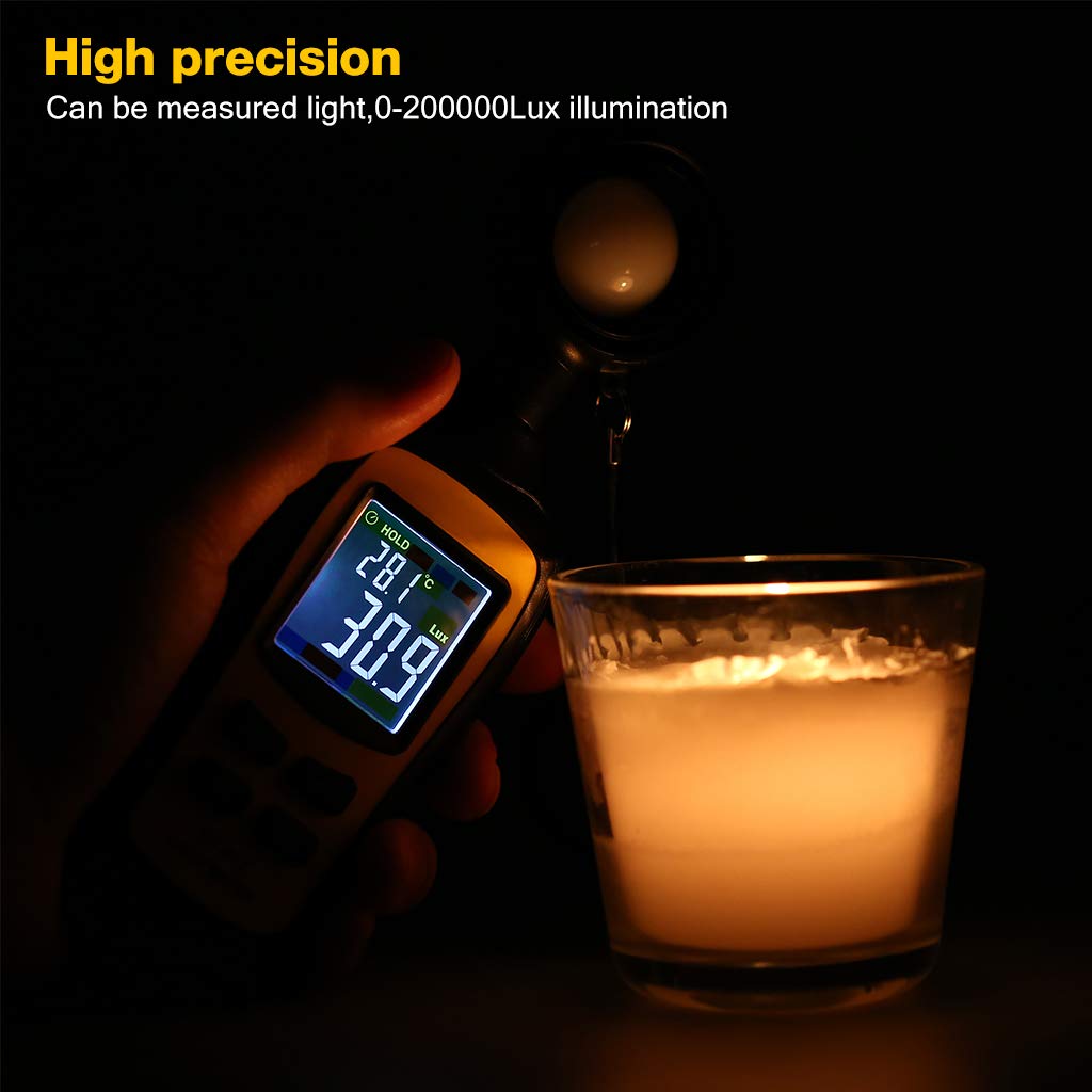 Light Meter Digital Illuminance Meter Handheld Ambient Temperature Measurer, Range up to 200,000 Lux, Luxmeter with 4 Digit Color LCD Screen