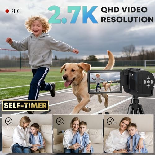 Gcasio 2.7K Video Camera Camcorder QHD 56MP YouTube Vlogging Camera Webcam 16X Digital Zoom with 32G SD Card 270 Degree Rotation Screen Camcorders and 2 Batteries Recording While Charging