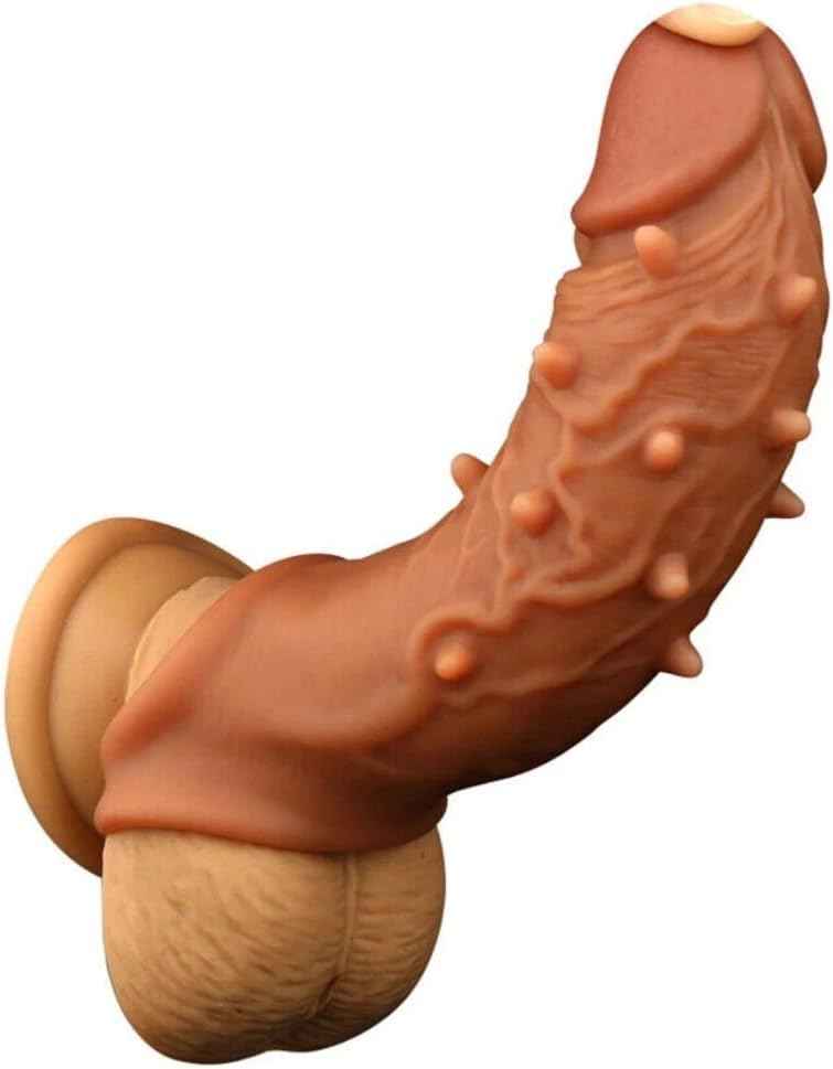 Reusable Penis Enlargement Sleeve Realistic Silicone Cock Sleeve Penis Enlarger with Testicle Penis Ring Sex Toys Delay Ejaculation Enhance Erection Prolong Cock Extender for Adults Men Male Couples