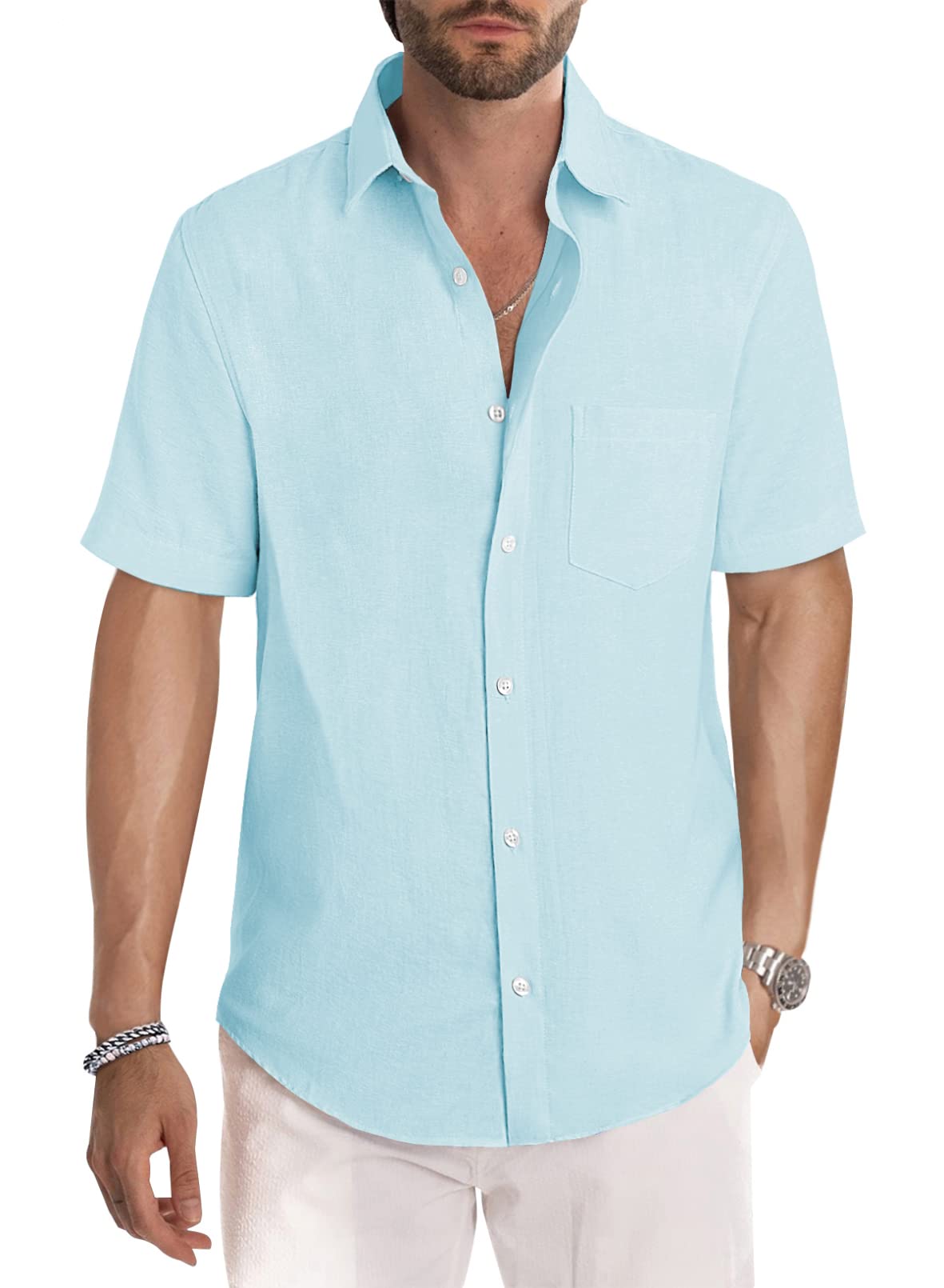 JMIERR Men's Casual Stylish Short Sleeve Button-Up Striped Dress Shirt Cotton Beach Shirts