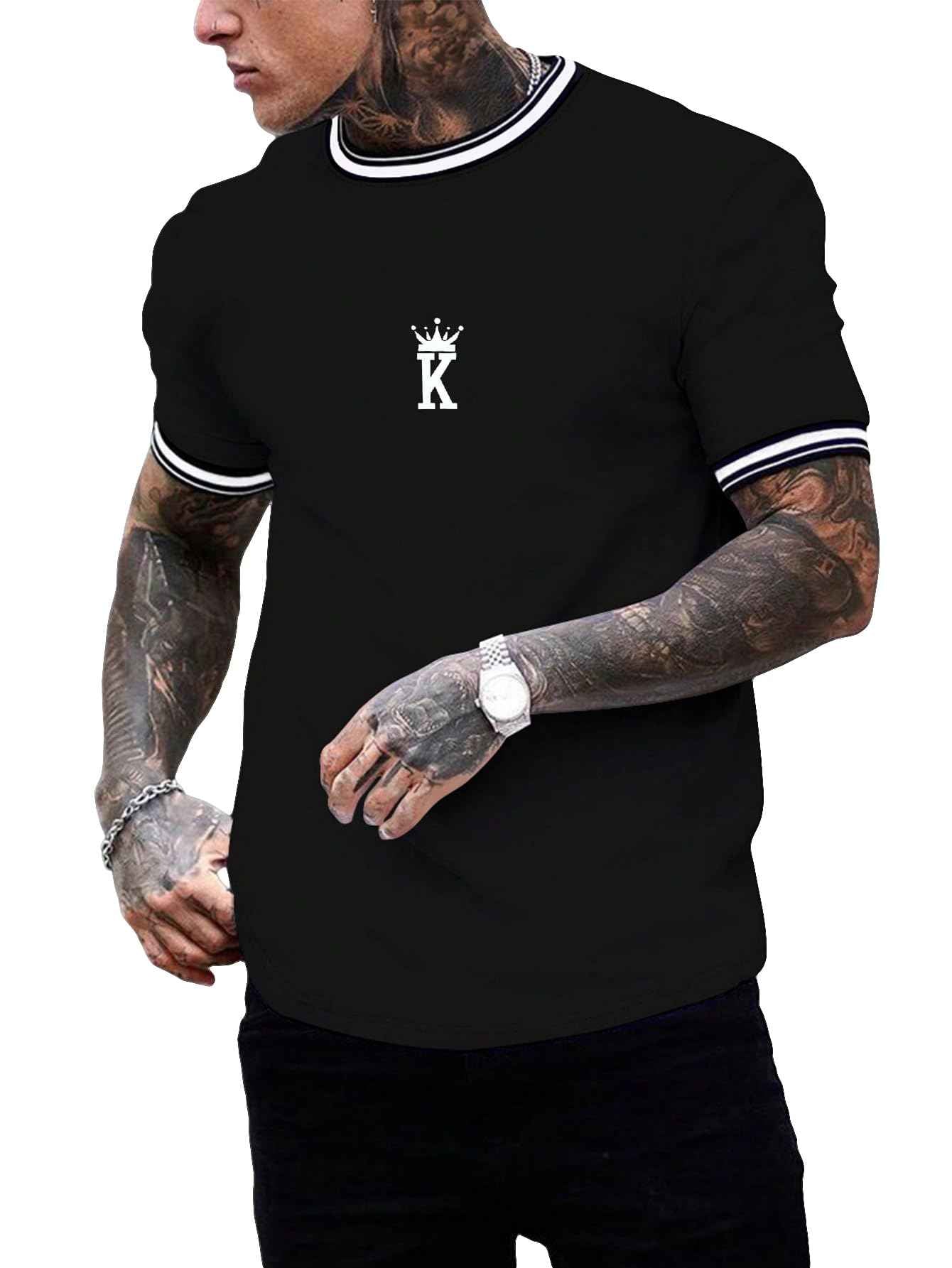 SOLY HUX Men's Crown Letter Print Striped Trim Tee Tops Short Sleeve Crew Neck Summer T Shirt