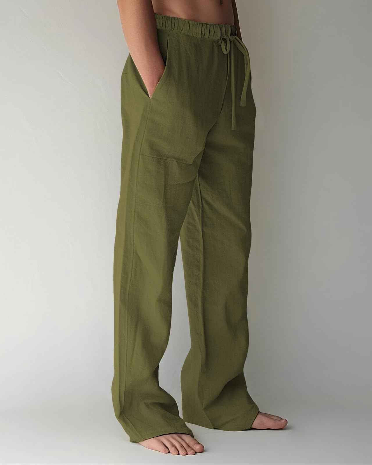 PIDOGYM Mens Cotton Linen Pants, Summer Beach Pants Casual Loose Fit with Elastic Waist Drawstring