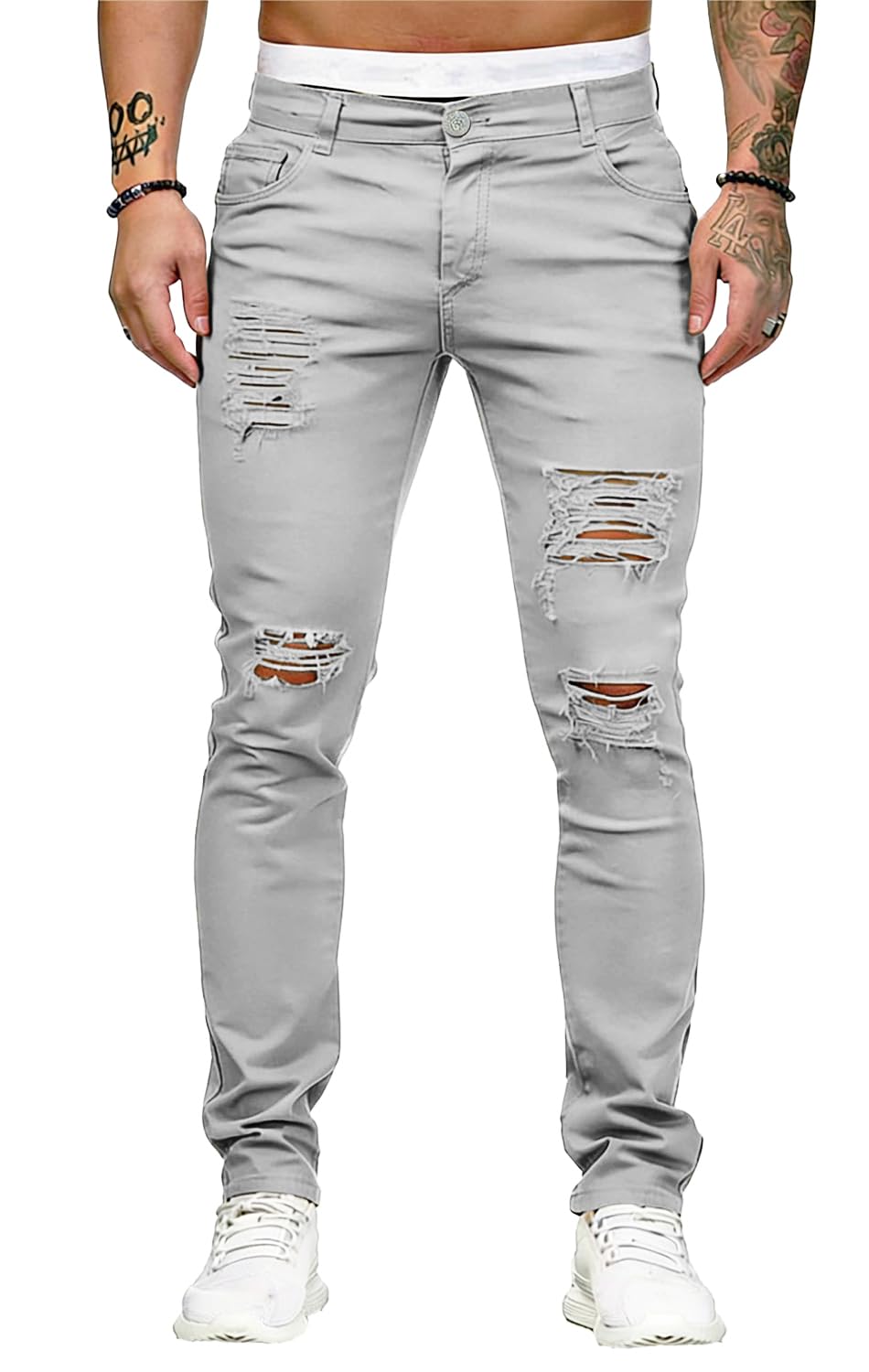HUNGSON Men's Blue Slim Fit Jeans Stretch Destroyed Ripped Skinny Jeans Side Striped Denim Pants