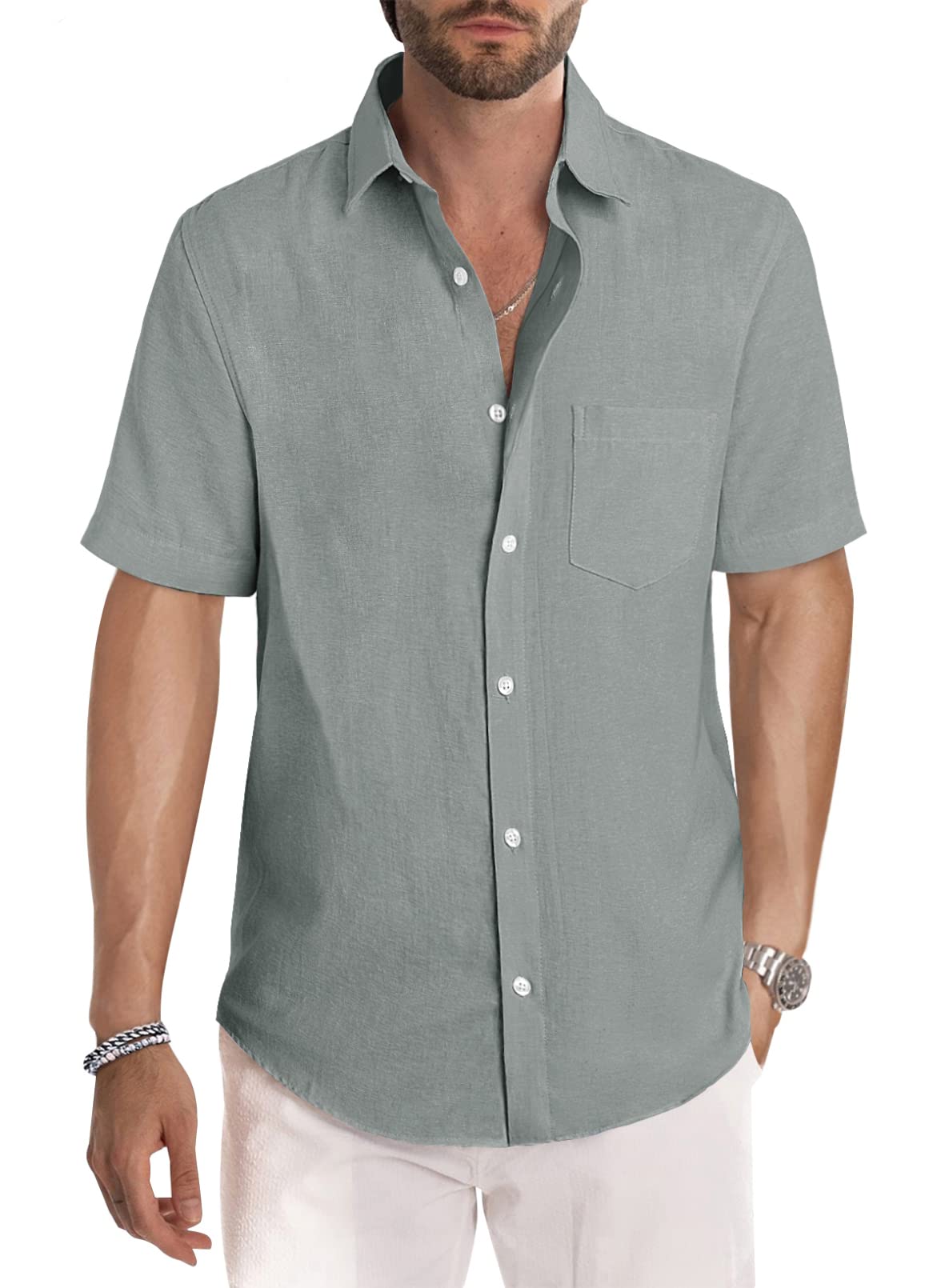 JMIERR Men's Casual Stylish Short Sleeve Button-Up Striped Dress Shirt Cotton Beach Shirts