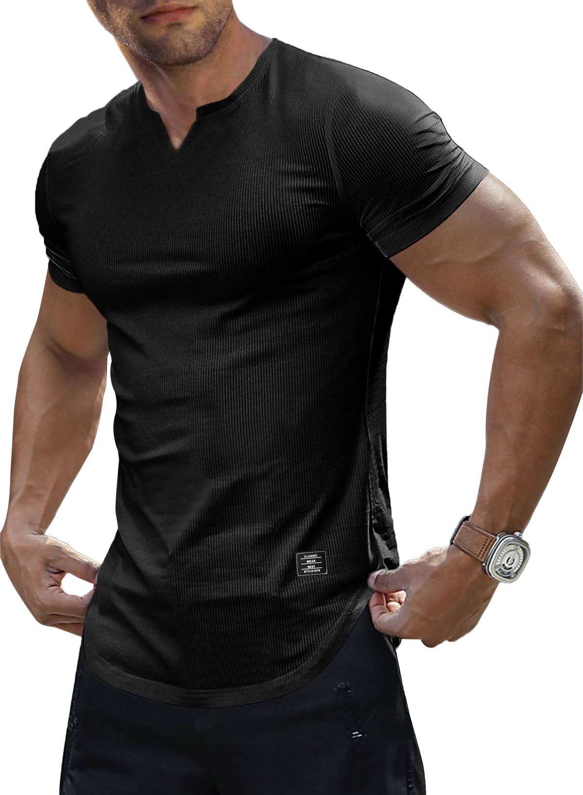 JMIERR Mens Muscle Slim T Shirts Texture V Neck Longline Henley Gym Workout Athletic Tee Shirt