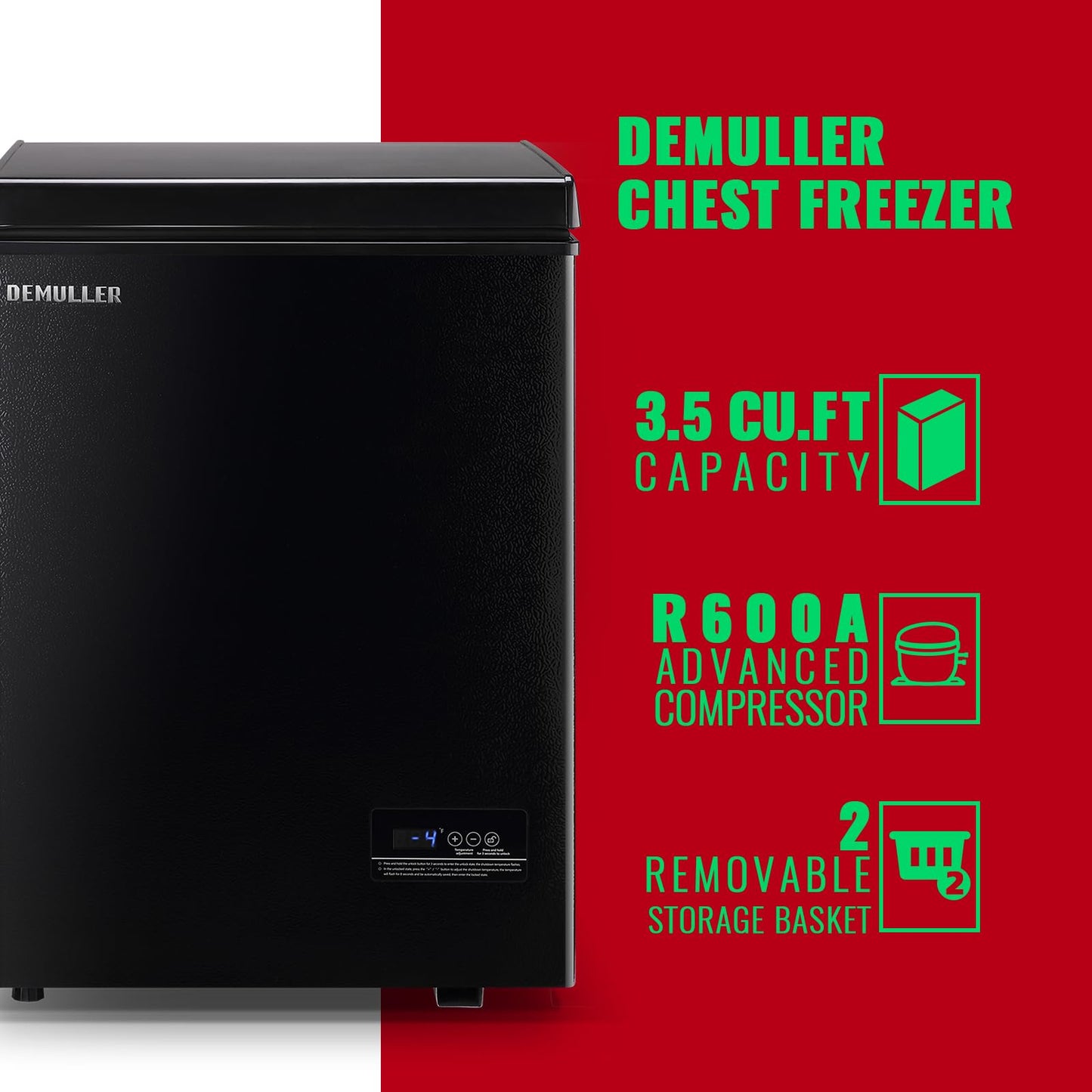 DEMULLER Chest Deep Freezer Top Open Door Freezer with eletronic panle(accruate to 1℉) Freestanding Freezer with TWO Storage Baskets Great for Kitchen Office Dorm