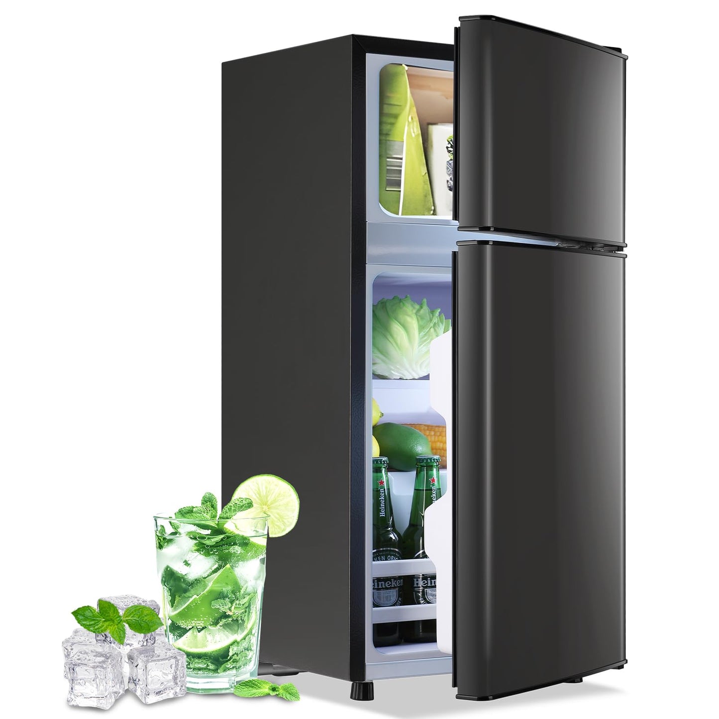 DEMULLER Refrigerator with Freezer Double Door Fridge Removable Plastic Shelves Black Silver