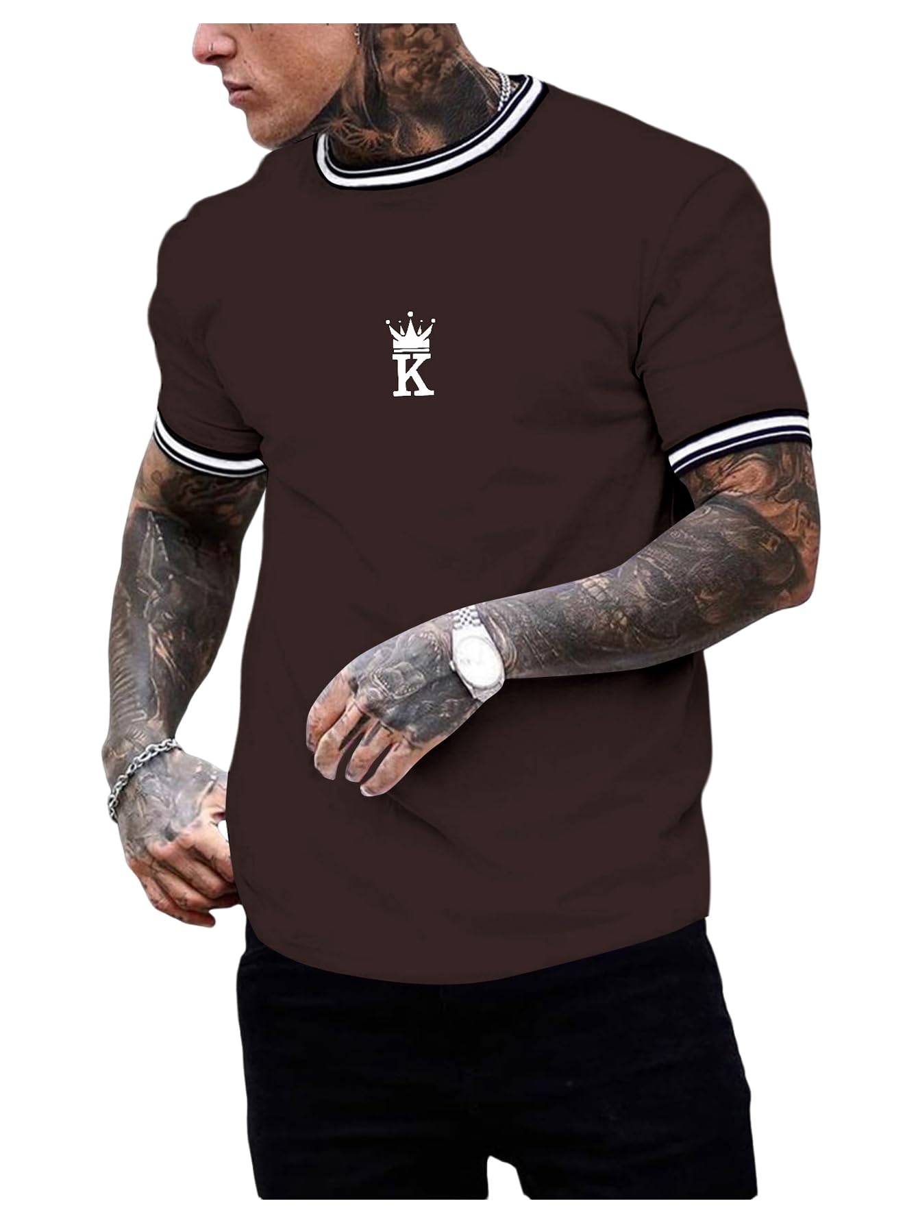 SOLY HUX Men's Crown Letter Print Striped Trim Tee Tops Short Sleeve Crew Neck Summer T Shirt