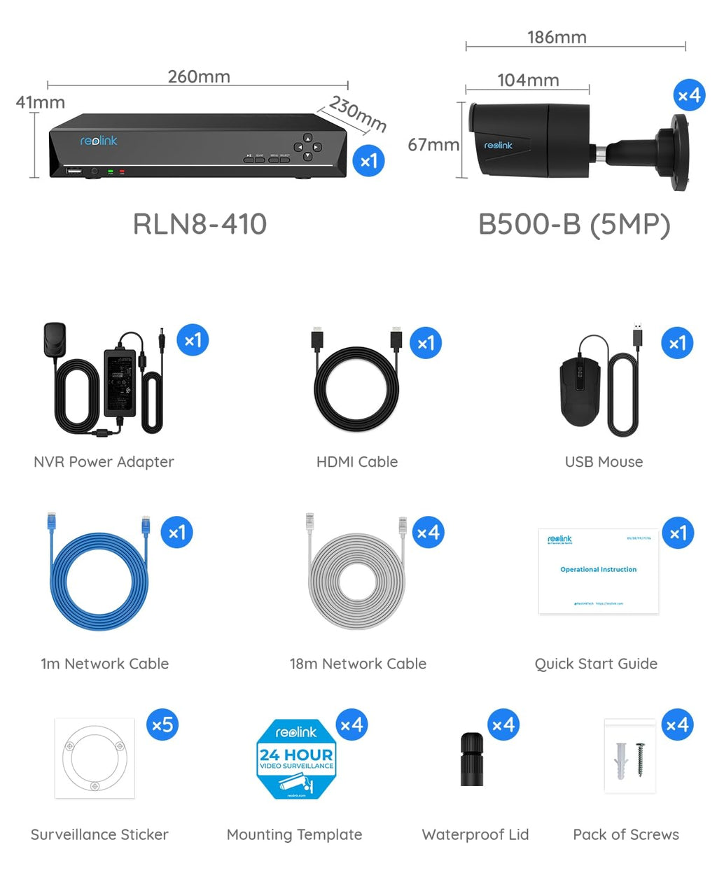 REOLINK 8CH 5MP Security Camera System, 4pcs Wired PoE Cameras for Home Security Outdoors, Smart Person Vehicle Detection, 4K 8CH NVR with 2TB HDD for 24-7 Recording, RLK8-410B4-5MP Series