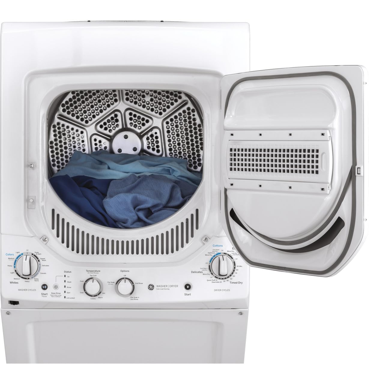 GE Unitized Spacemaker® 2.3 Cu. Ft. Washer and 4.4 Cu. Ft. Electric Dryer Laundry Center, 24-Inch, White – GUD24ESSMWW