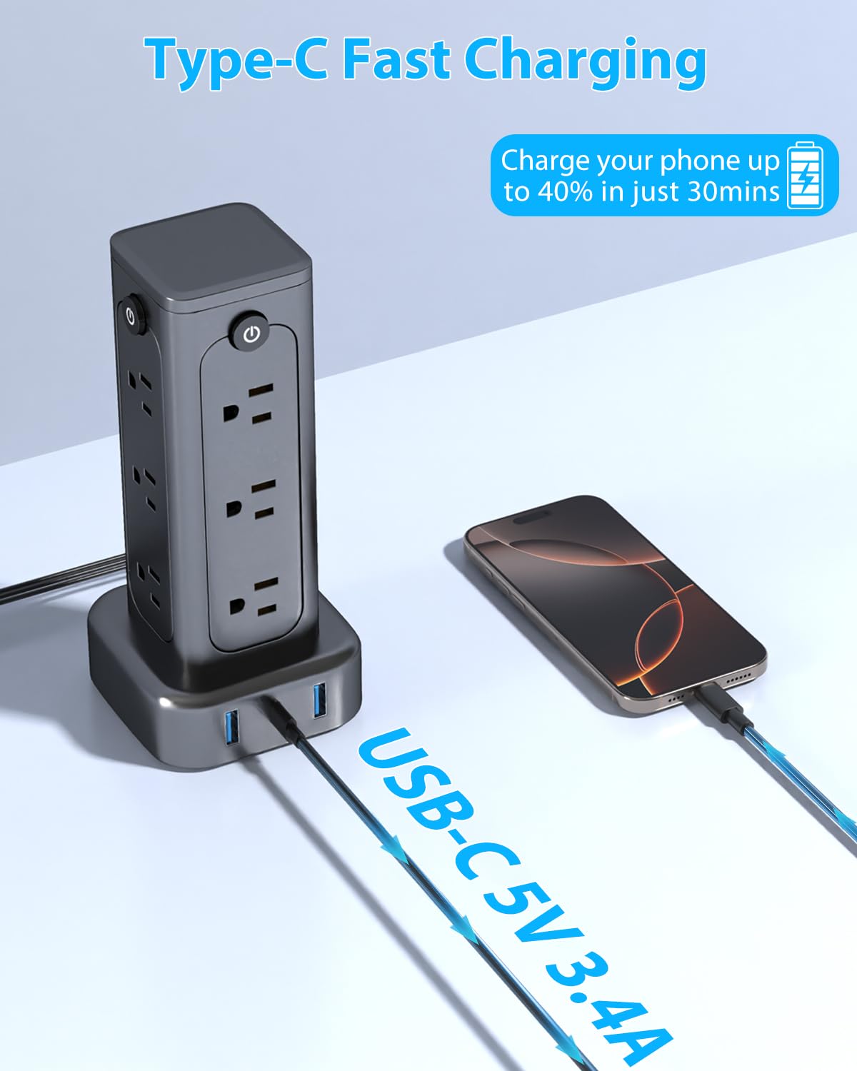 BEVEWLPOL 1250Watt Household Charging Station Vertical Power Strip 4-Sided with 12 AC Outlets&3 USB Ports,Independent Switch, 2M Long Cable, Space-Saving for Home, Office (Black)