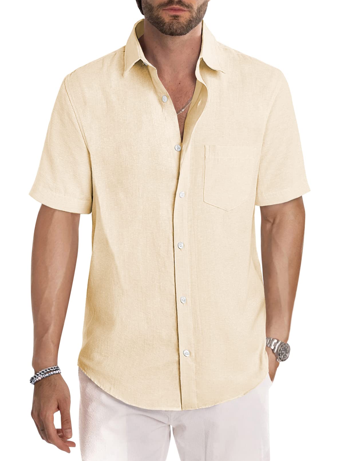 JMIERR Men's Casual Stylish Short Sleeve Button-Up Striped Dress Shirt Cotton Beach Shirts