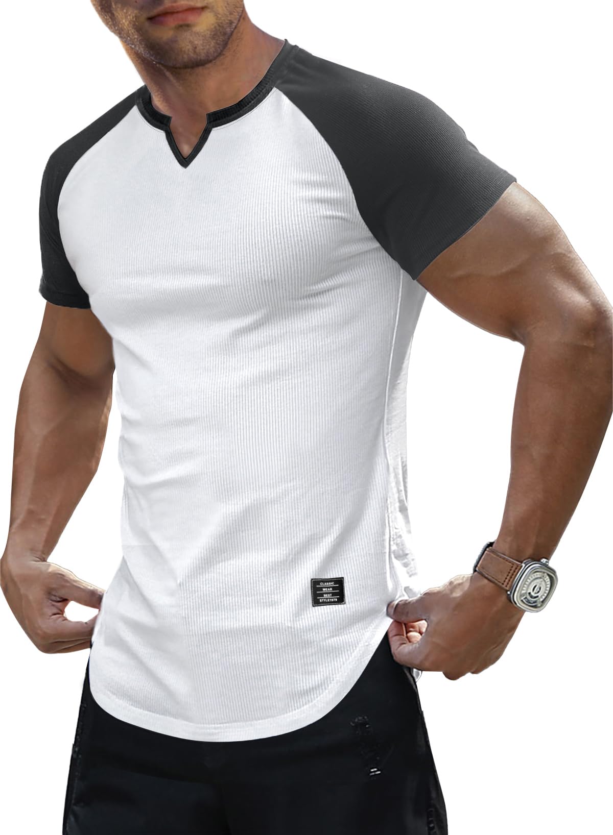 JMIERR Mens Muscle Slim T Shirts Texture V Neck Longline Henley Gym Workout Athletic Tee Shirt