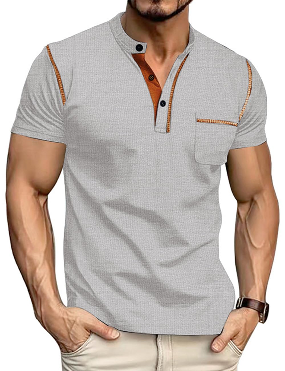 QOSOQ Men's Henley Shirt Short Sleeve T-Shirt Casual Top Pullover Summer Lightweight Tee Shirts with Button