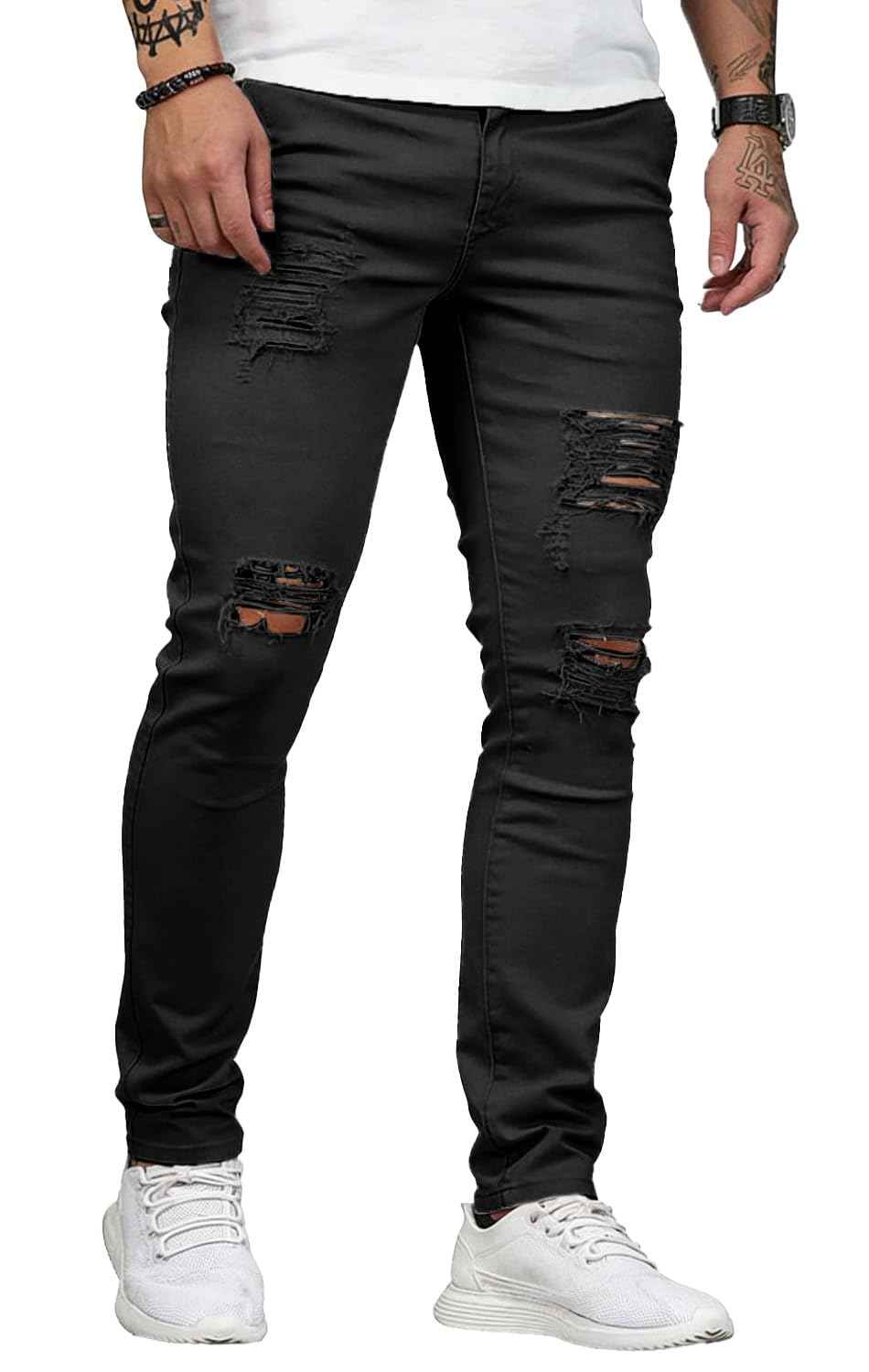HUNGSON Men's Blue Slim Fit Jeans Stretch Destroyed Ripped Skinny Jeans Side Striped Denim Pants