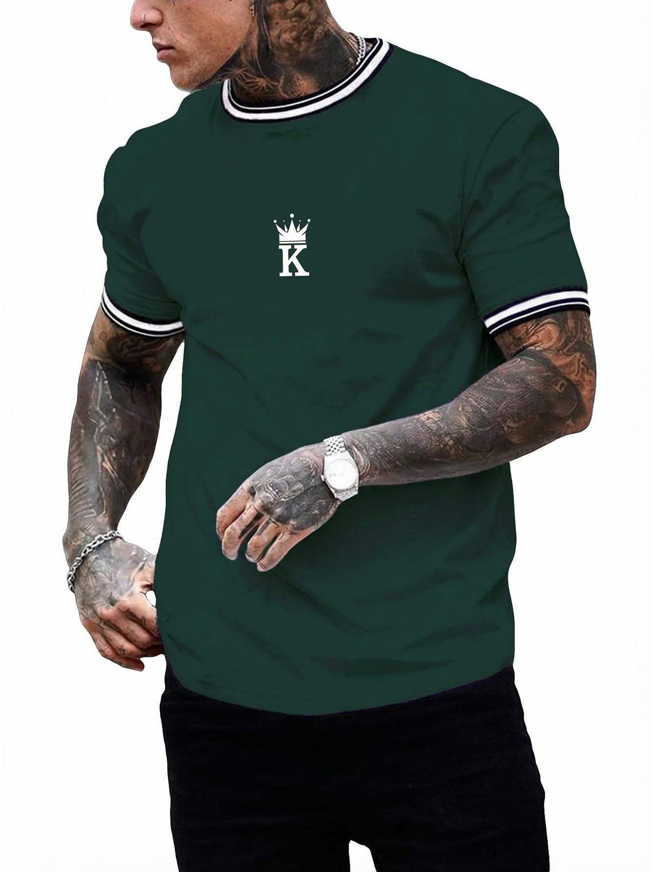SOLY HUX Men's Crown Letter Print Striped Trim Tee Tops Short Sleeve Crew Neck Summer T Shirt