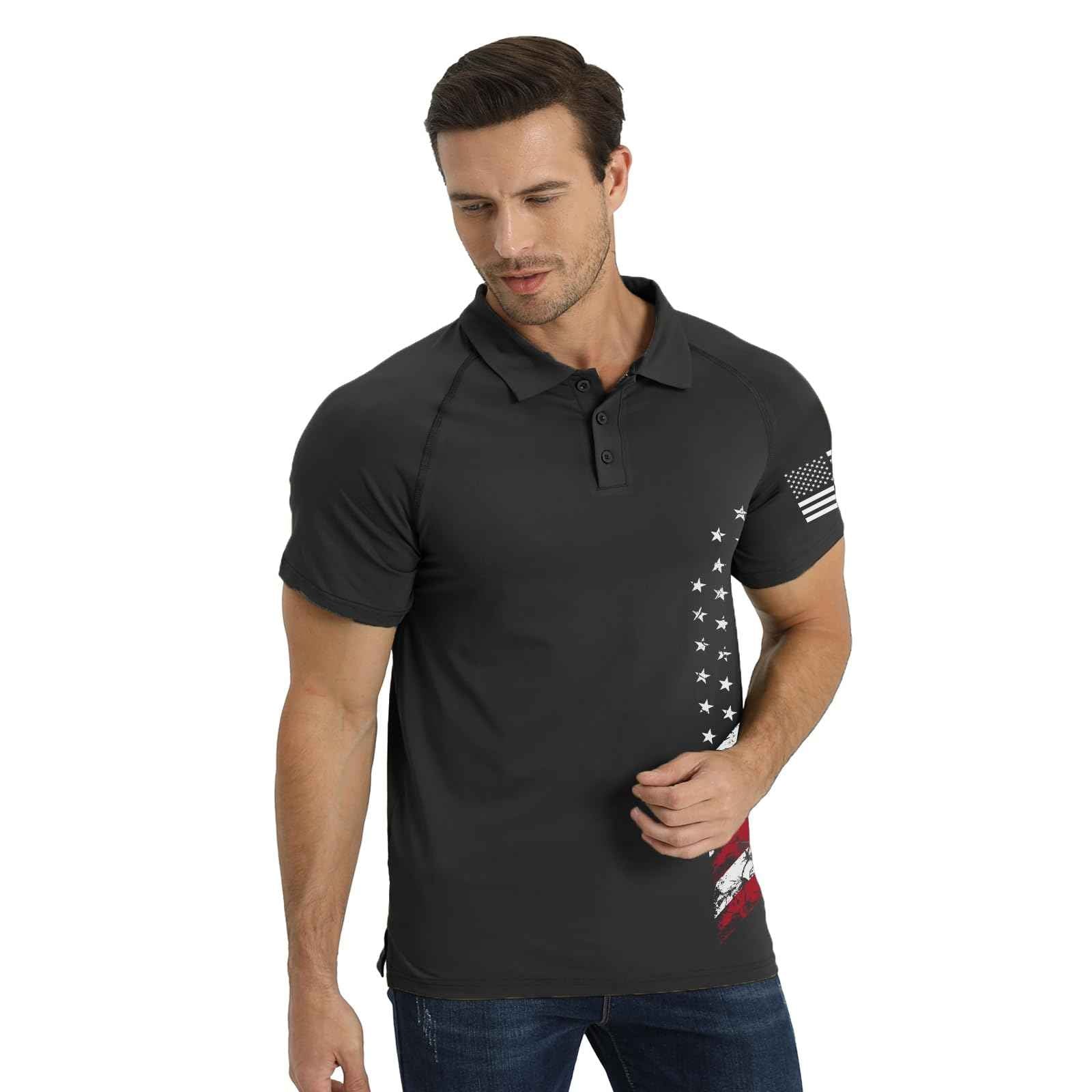 H HYFOL Short Sleeve Polo Shirts for Men Graphic Stretch Casual American Patriotic Raglan Golf Polos for Men