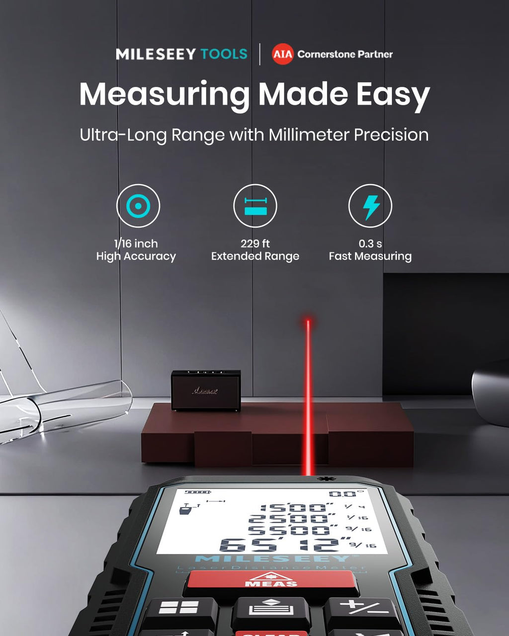Laser Measure Device, MiLESEEY Digital Laser Tape Measure with Upgrade Electronic Angle Sensor, 2mm Accuracy, Area Measurement,Volume and Pythagoras, 2" LCD Backlit,Mute, Battery Included
