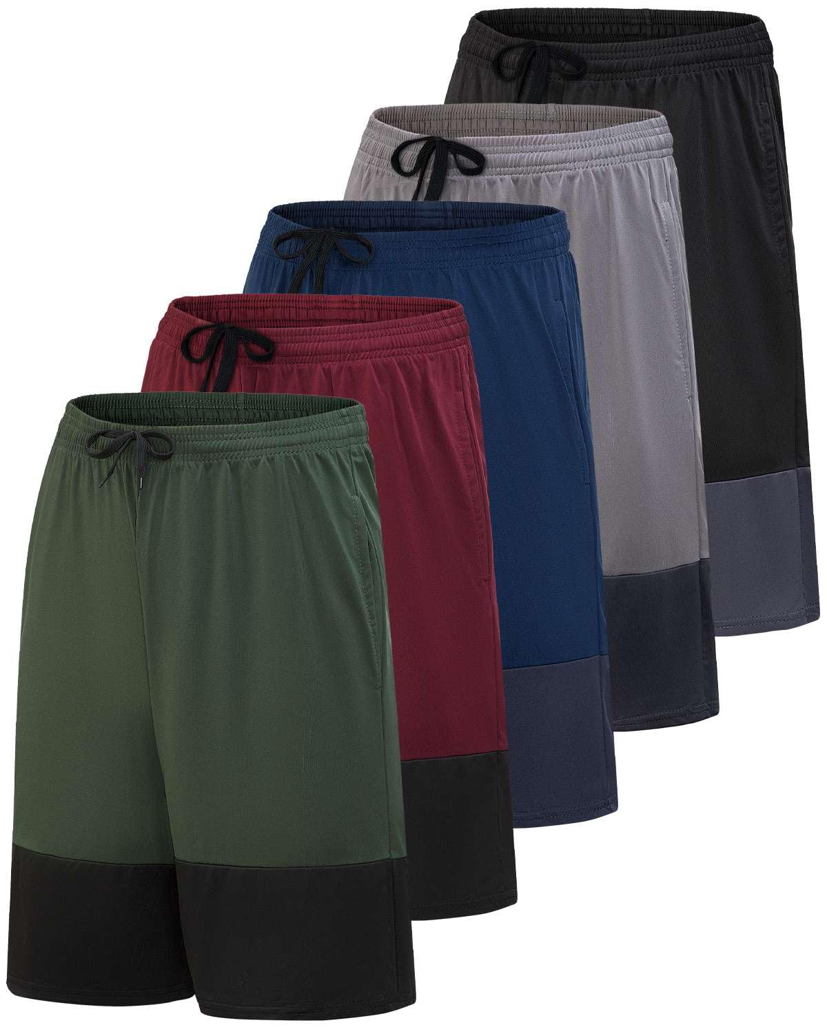 Real Essentials Men’s 5 Pack: 9" Dry-Fit Shorts – Athletic Gym, Workout, Basketball, Running, Casual Lounge Active Pockets