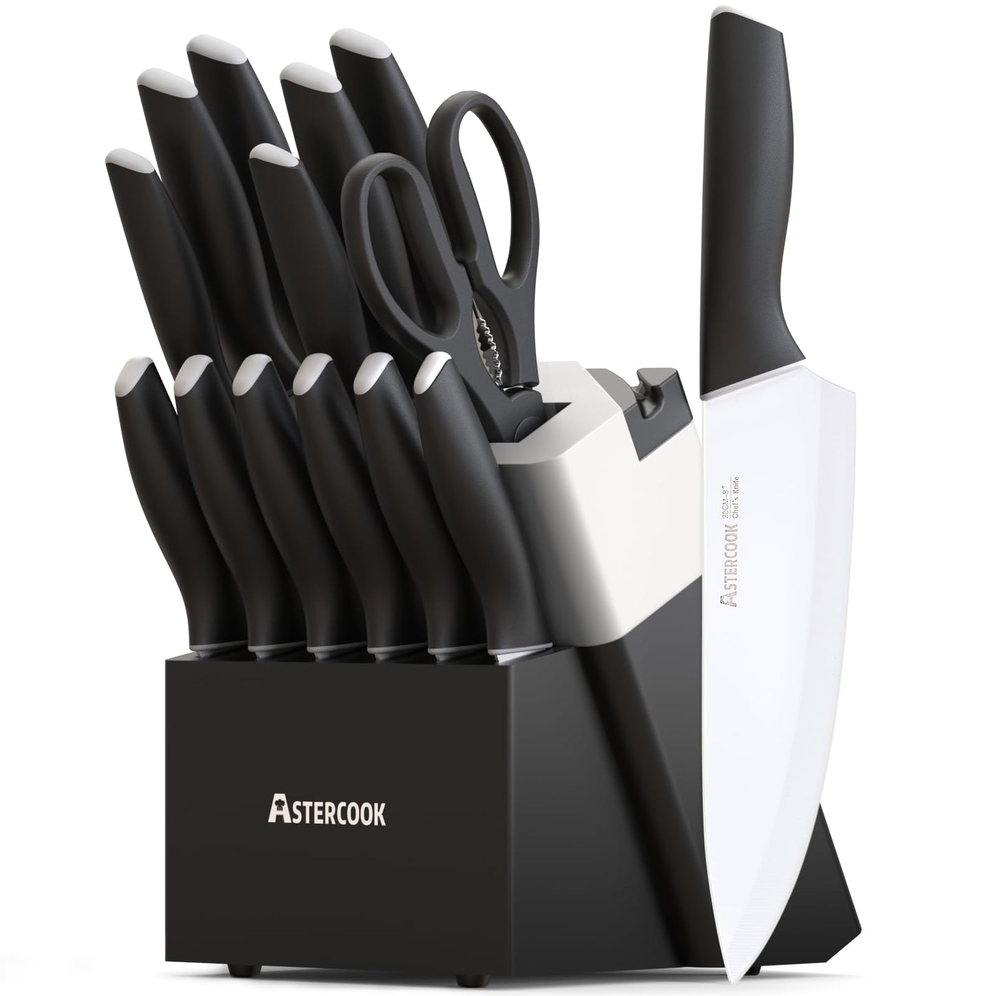 Astercook Knife Set Kitchen with Block and Sharpener 15 Pcs German Stainless Steel Knives Sharp Blade Dishwasher Safe Kitchen Utensils Set Deba Knives with Anti-slip Ergonomic Handle