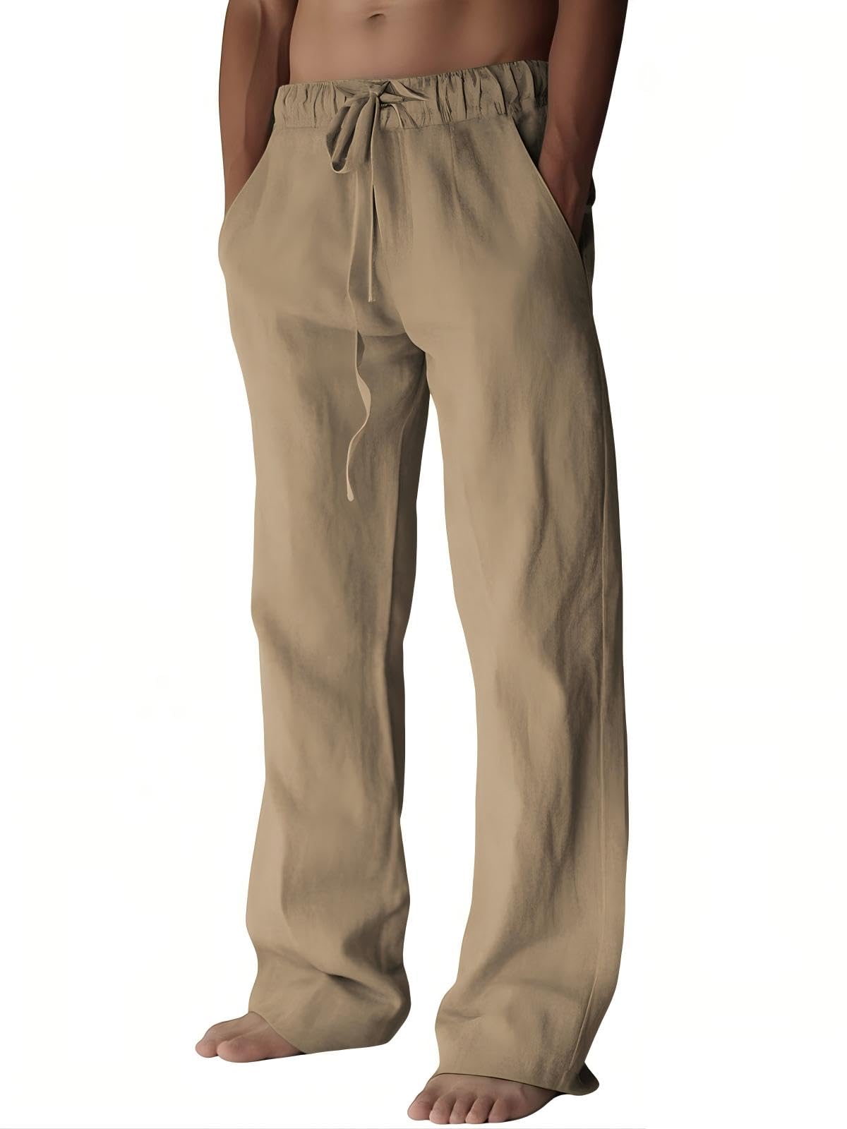 PIDOGYM Mens Cotton Linen Pants, Summer Beach Pants Casual Loose Fit with Elastic Waist Drawstring