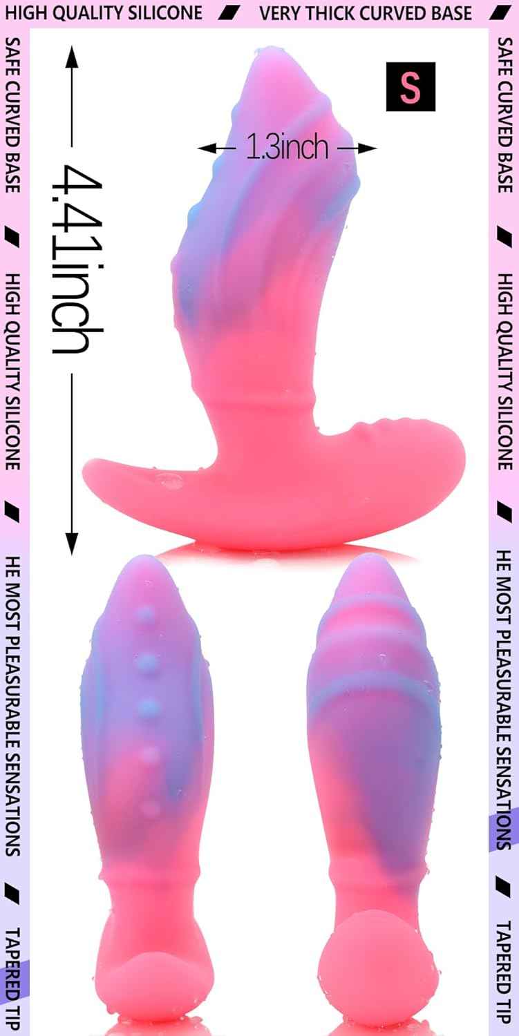Anal Plug with Thick Curved Base - Pink + Blue Silicone Wearable Butt Plug Dilator - 4.41 x 1.3 Inch Anal Stretcher Fantasy Prostate Sex Toys for Men Women Masturbation