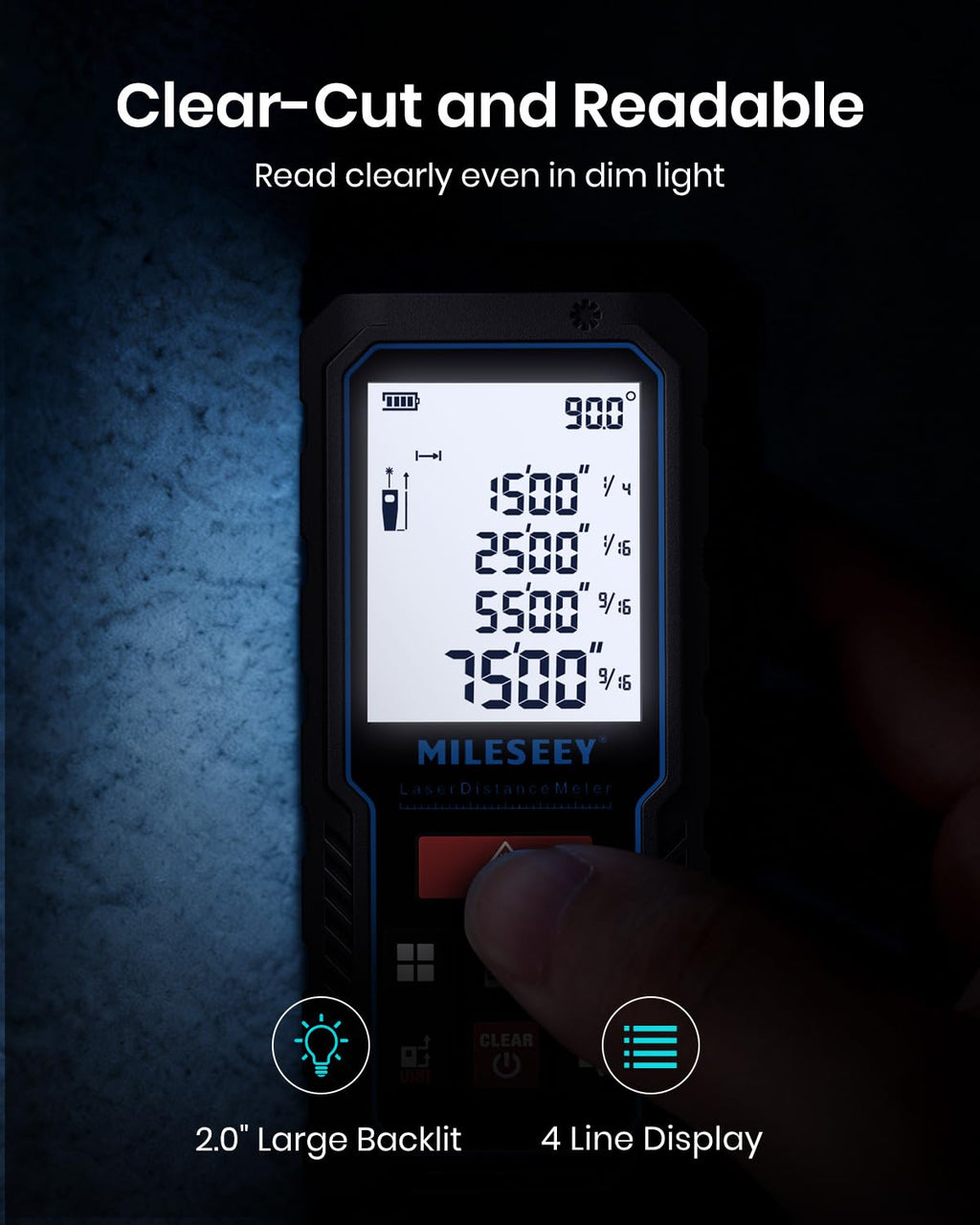 Laser Measure Device, MiLESEEY Digital Laser Tape Measure with Upgrade Electronic Angle Sensor, 2mm Accuracy, Area Measurement,Volume and Pythagoras, 2" LCD Backlit,Mute, Battery Included