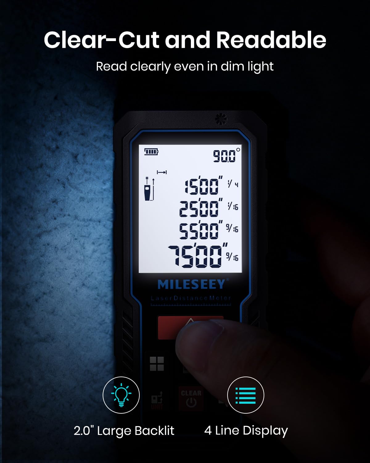 Laser Measure Device, MiLESEEY Digital Laser Tape Measure with Upgrade Electronic Angle Sensor, 2mm Accuracy, Area Measurement,Volume and Pythagoras, 2" LCD Backlit,Mute, Battery Included